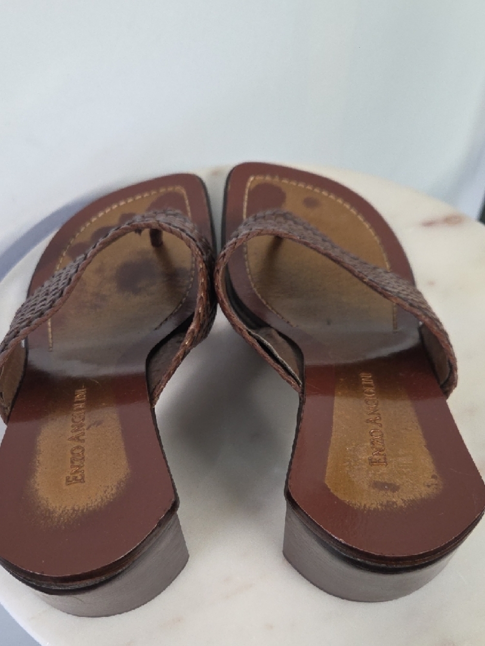 Enzo Angiolini Brown Woven Leather and Beige Suede Knot Slide Heels Size 8.5 - Picture 5 of 6